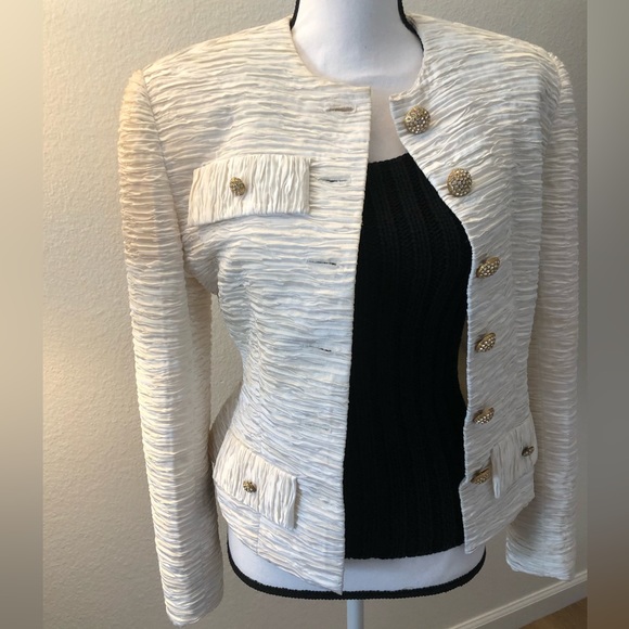 Ivory Jacket w/ rhinestone buttons w/ textured/ribbed / gathered fabric. - Picture 3 of 9